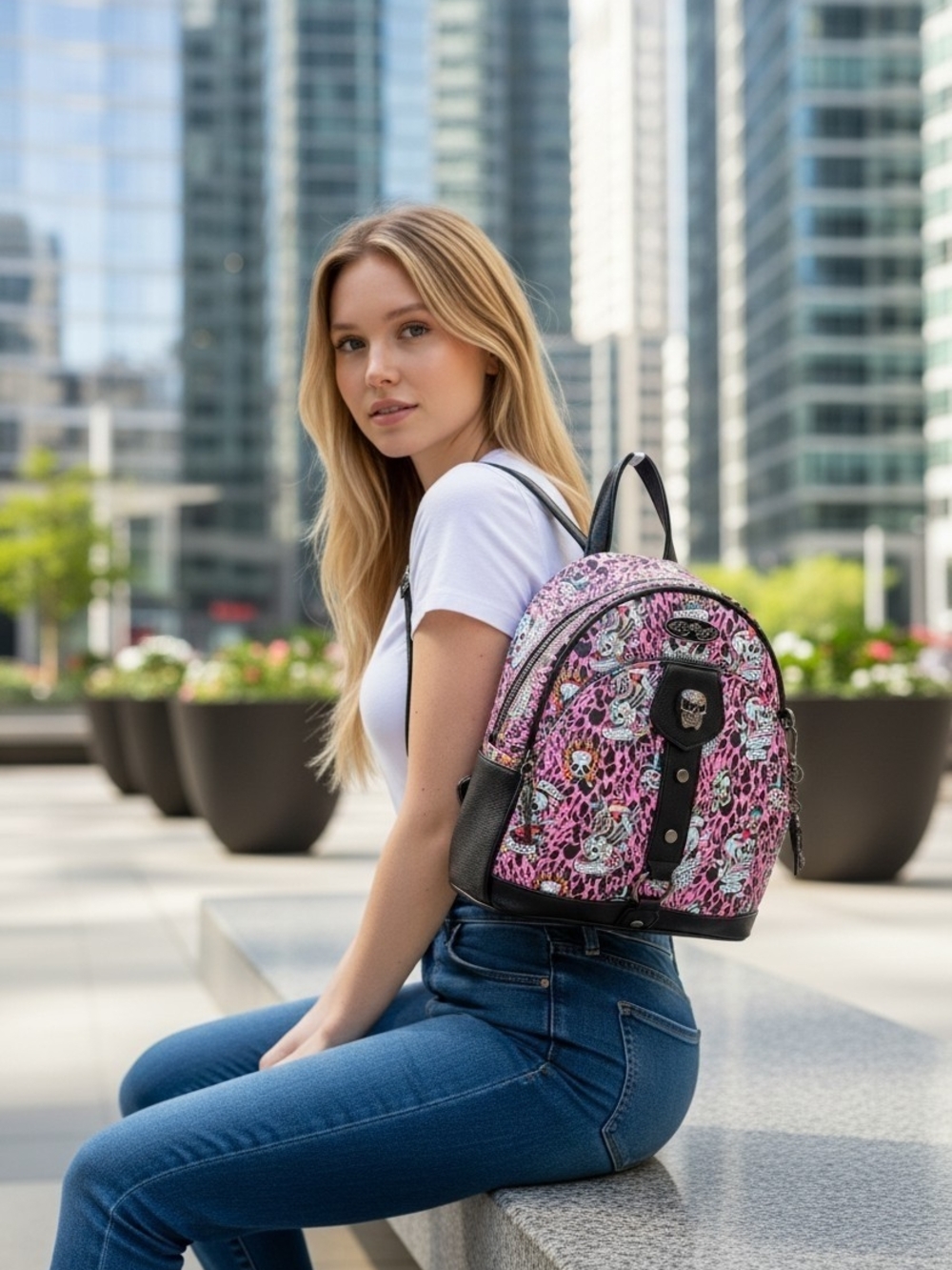 NEW Ed Hardy Pink Animal Leopard Print Skull Tattoo Backpack Purse 11"x9"x4" NWT